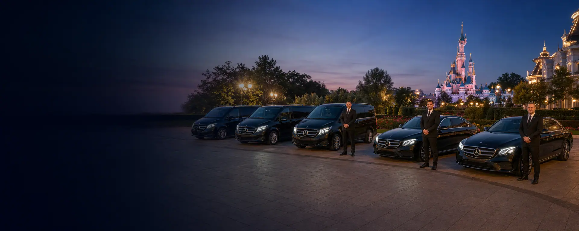 Mercedes-Benz transfer fleet with professional chauffeurs near Disneyland Paris
